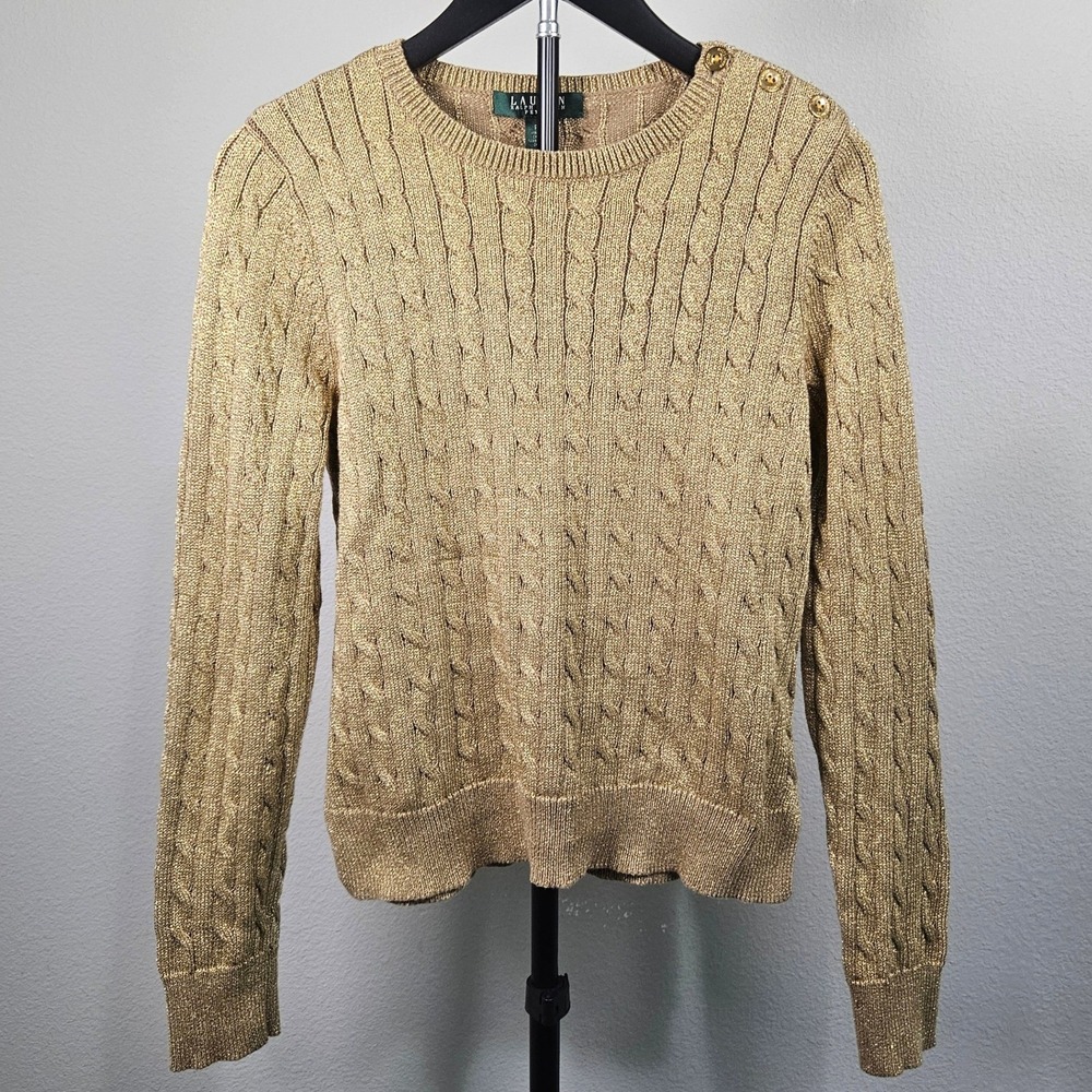 Lauren Ralph Lauren Sweater Womens PL Gold Metallic Cable Knit Button Shoulder